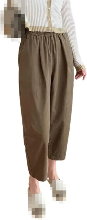 Deepsko Women's Spring and Summer Korean Style Retro Cotton Cropped Elastic Waist Harem Pants