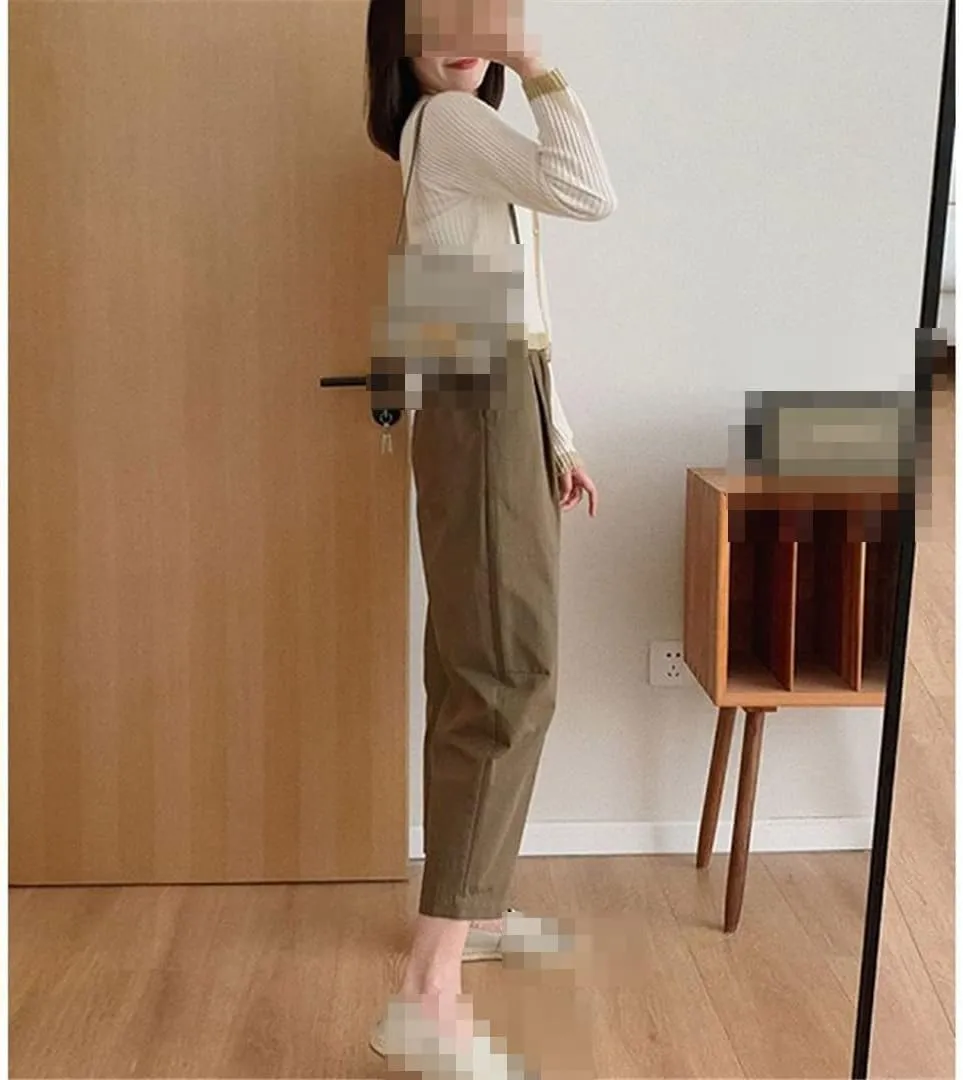 Deepsko Women's Spring and Summer Korean Style Retro Cotton Cropped Elastic Waist Harem Pants
