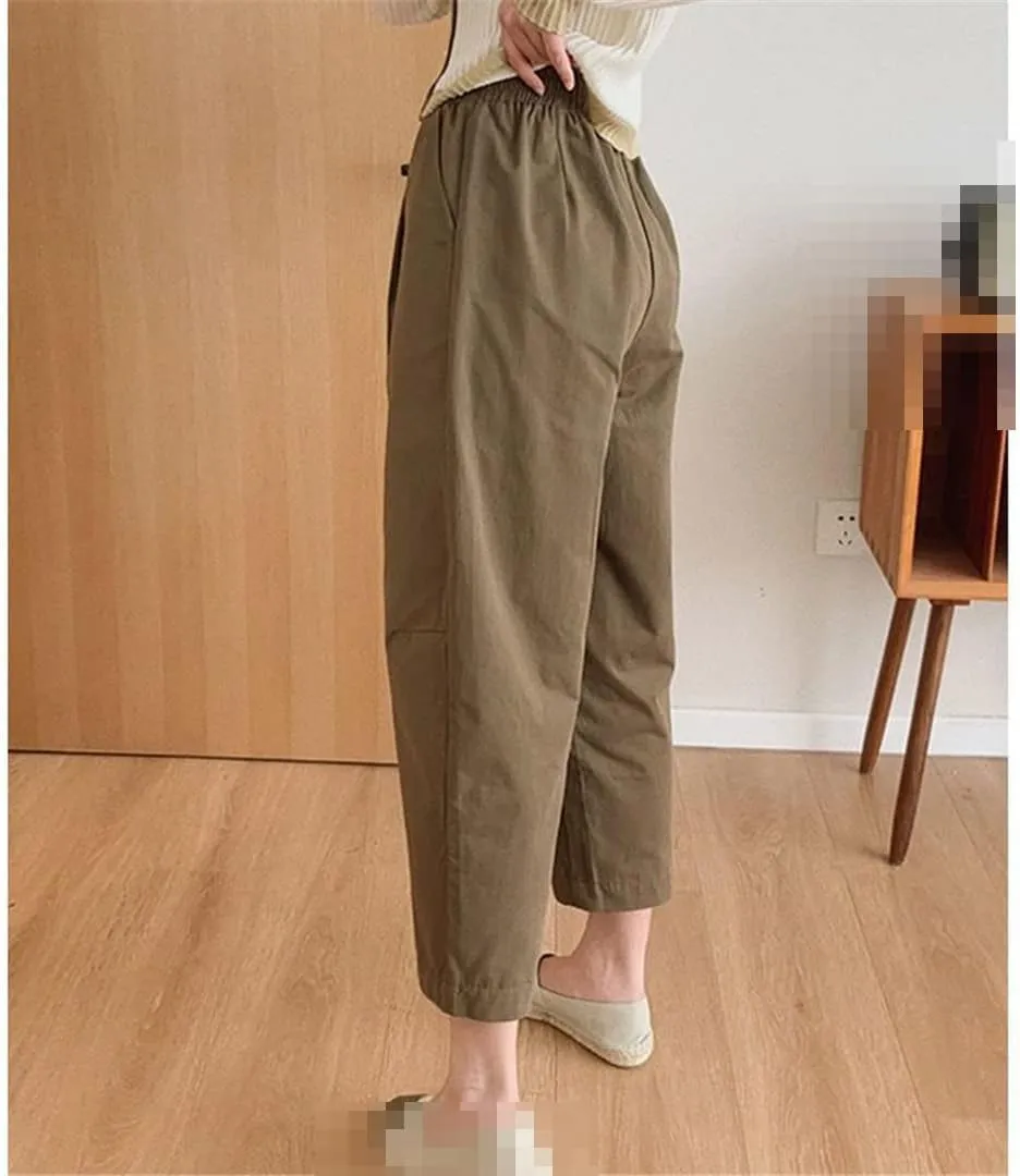 Deepsko Women's Spring and Summer Korean Style Retro Cotton Cropped Elastic Waist Harem Pants