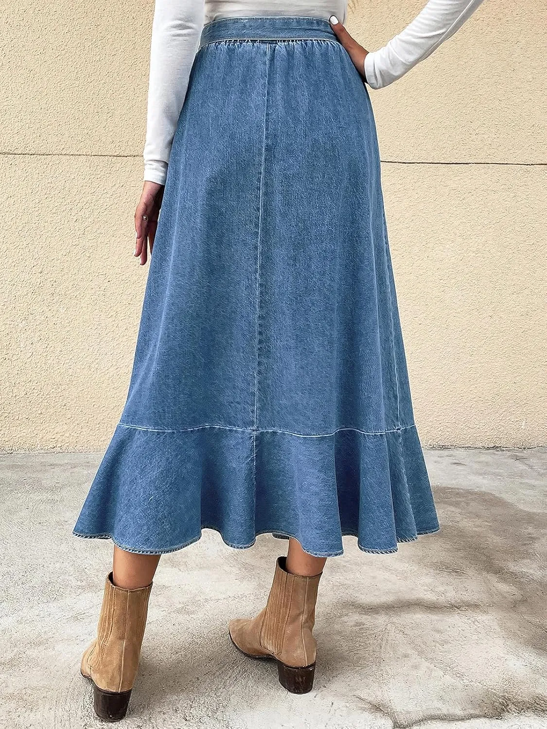 ebossy Women's High Waisted Pleated Flowy A Line Tiered Ruffle Casual Slim Mid Long Denim Skirt with Belt