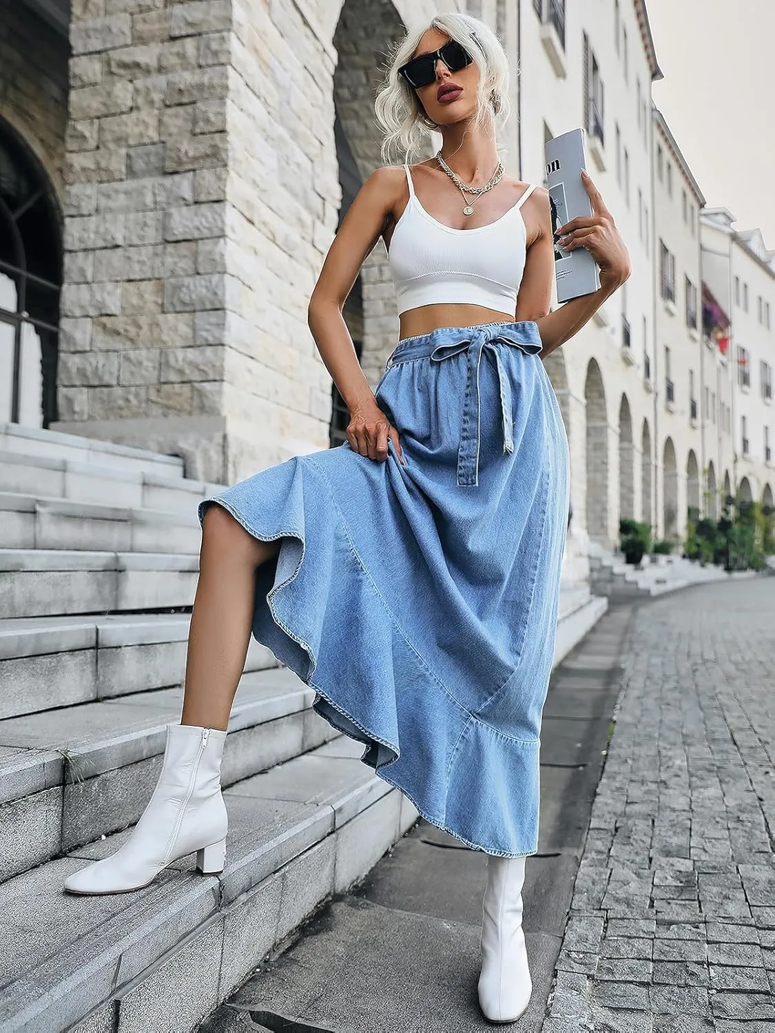 ebossy Women's High Waisted Pleated Flowy A Line Tiered Ruffle Casual Slim Mid Long Denim Skirt with Belt
