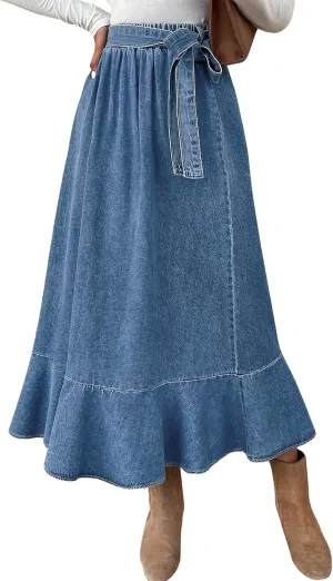 ebossy Women's High Waisted Pleated Flowy A Line Tiered Ruffle Casual Slim Mid Long Denim Skirt with Belt