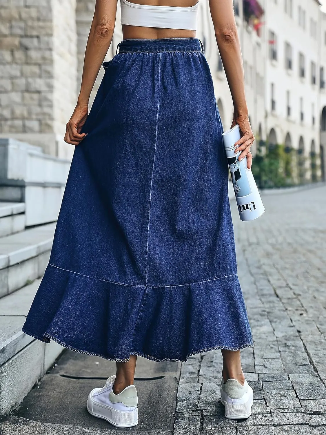 ebossy Women's High Waisted Pleated Flowy A Line Tiered Ruffle Casual Slim Mid Long Denim Skirt with Belt