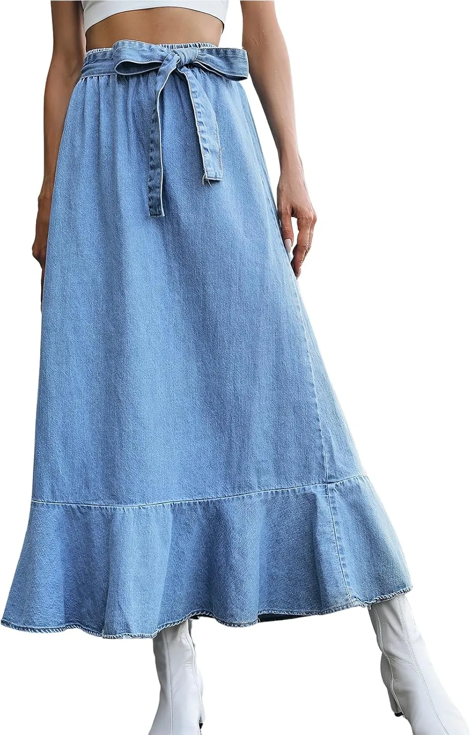 ebossy Women's High Waisted Pleated Flowy A Line Tiered Ruffle Casual Slim Mid Long Denim Skirt with Belt