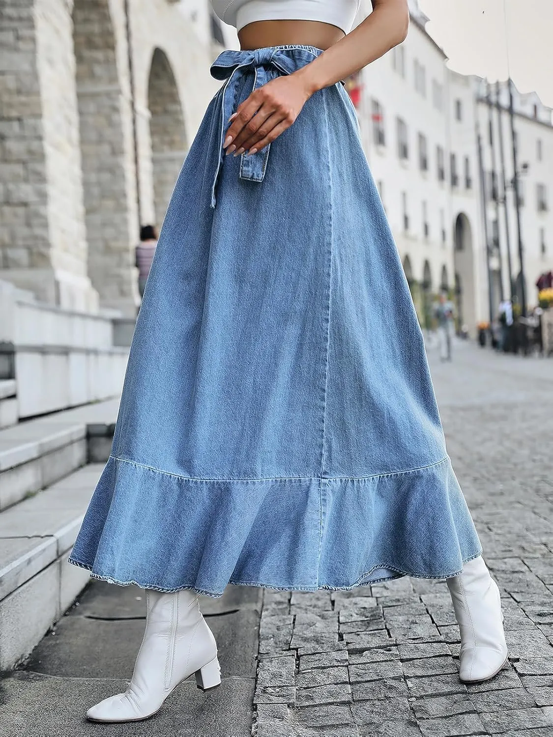 ebossy Women's High Waisted Pleated Flowy A Line Tiered Ruffle Casual Slim Mid Long Denim Skirt with Belt