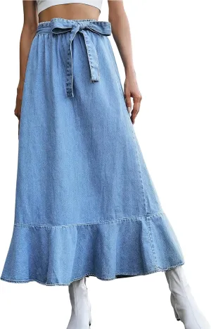 ebossy Women's High Waisted Pleated Flowy A Line Tiered Ruffle Casual Slim Mid Long Denim Skirt with Belt