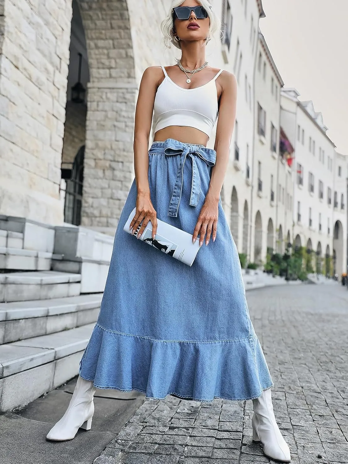 ebossy Women's High Waisted Pleated Flowy A Line Tiered Ruffle Casual Slim Mid Long Denim Skirt with Belt