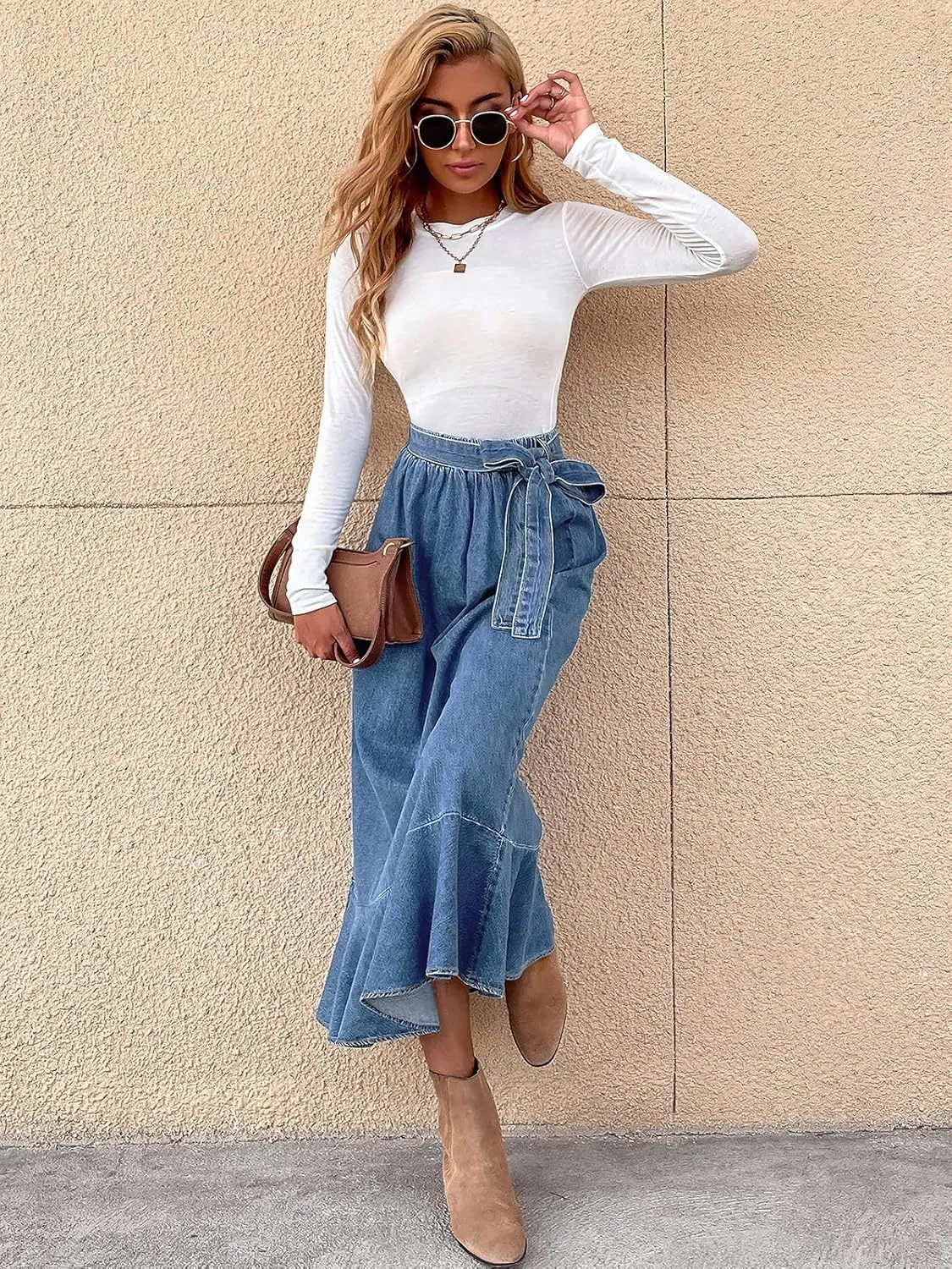 ebossy Women's High Waisted Pleated Flowy A Line Tiered Ruffle Casual Slim Mid Long Denim Skirt with Belt