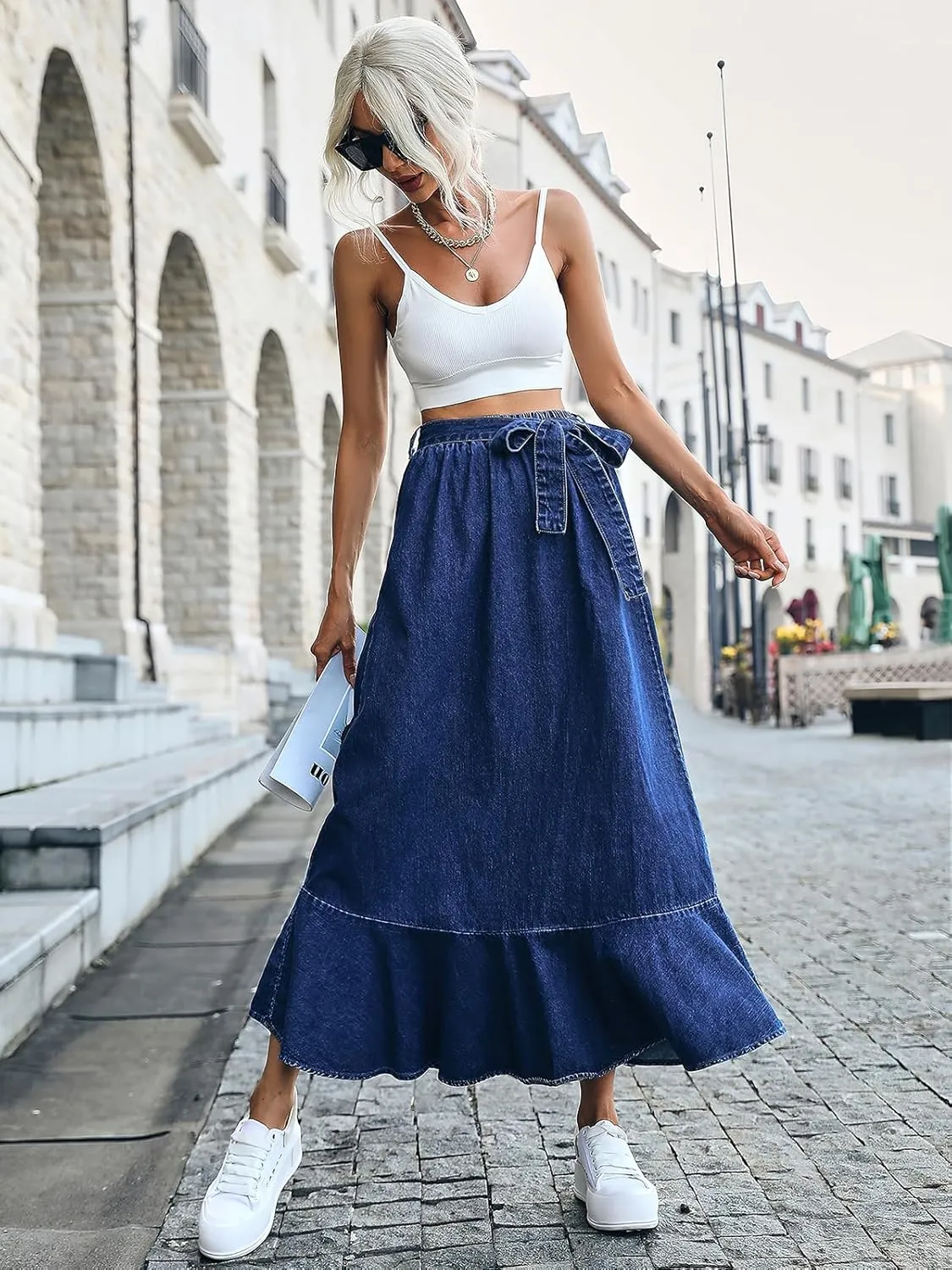 ebossy Women's High Waisted Pleated Flowy A Line Tiered Ruffle Casual Slim Mid Long Denim Skirt with Belt