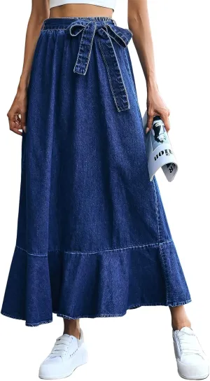 ebossy Women's High Waisted Pleated Flowy A Line Tiered Ruffle Casual Slim Mid Long Denim Skirt with Belt