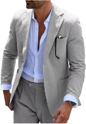 EMERAIDVLN Seersucker Suit Mens 2 Piece Regular Fit Beach Wedding Casual Prom Summer Wear Striped Blazer and Pants
