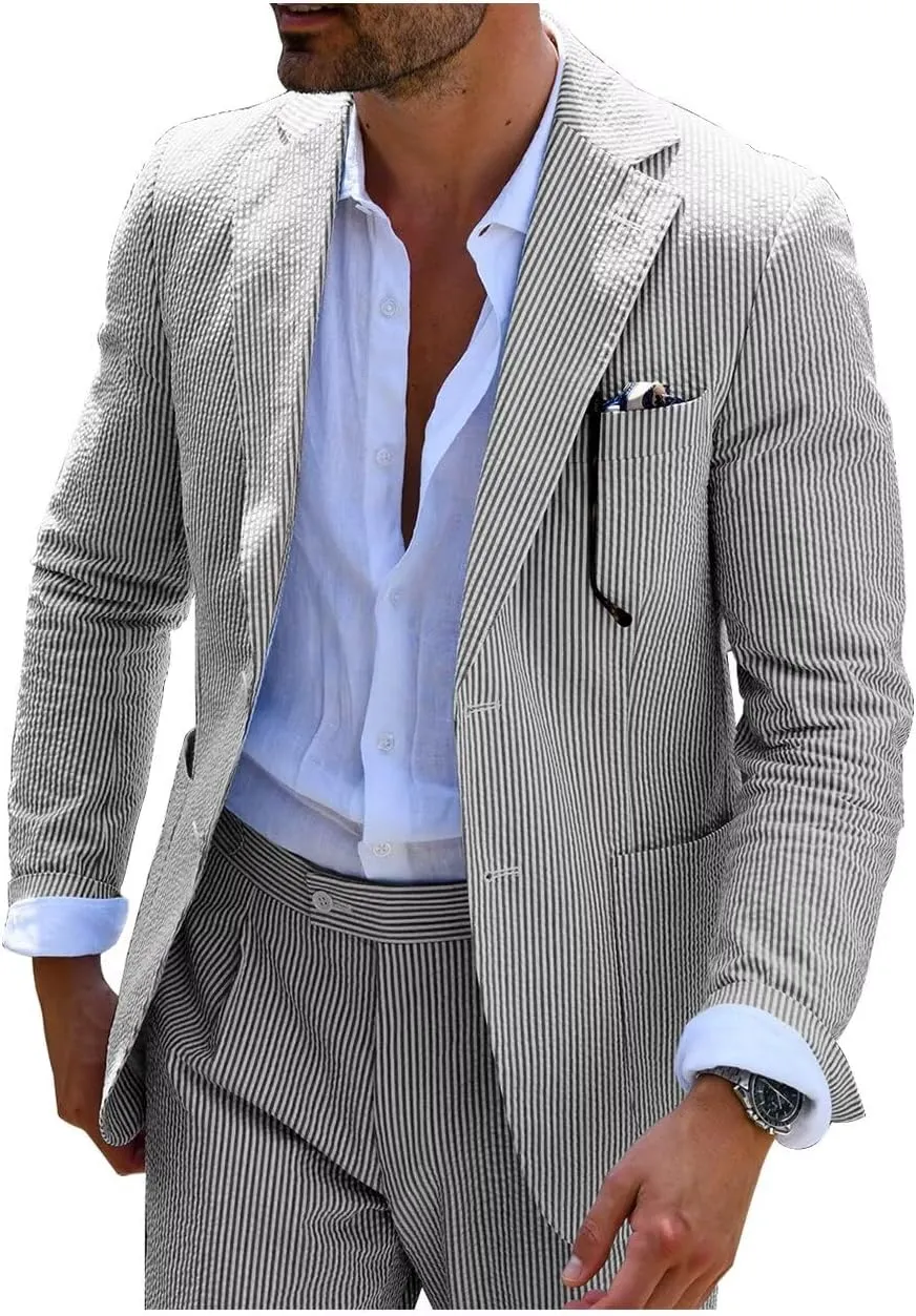 EMERAIDVLN Seersucker Suit Mens 2 Piece Regular Fit Beach Wedding Casual Prom Summer Wear Striped Blazer and Pants