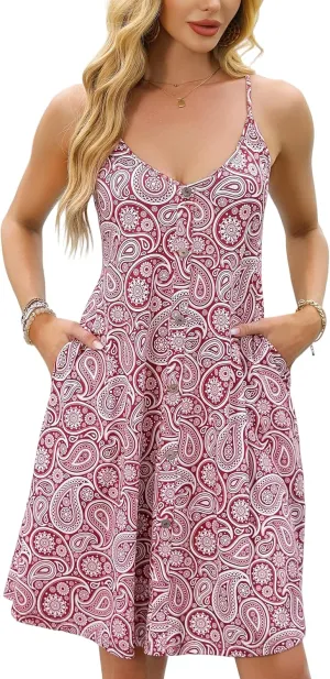 ENMAIN Womens Summer Spaghetti Strap Sun Sleeveless Button Down Causal Beach Vacation Cover Ups Dress with Pocket 2025