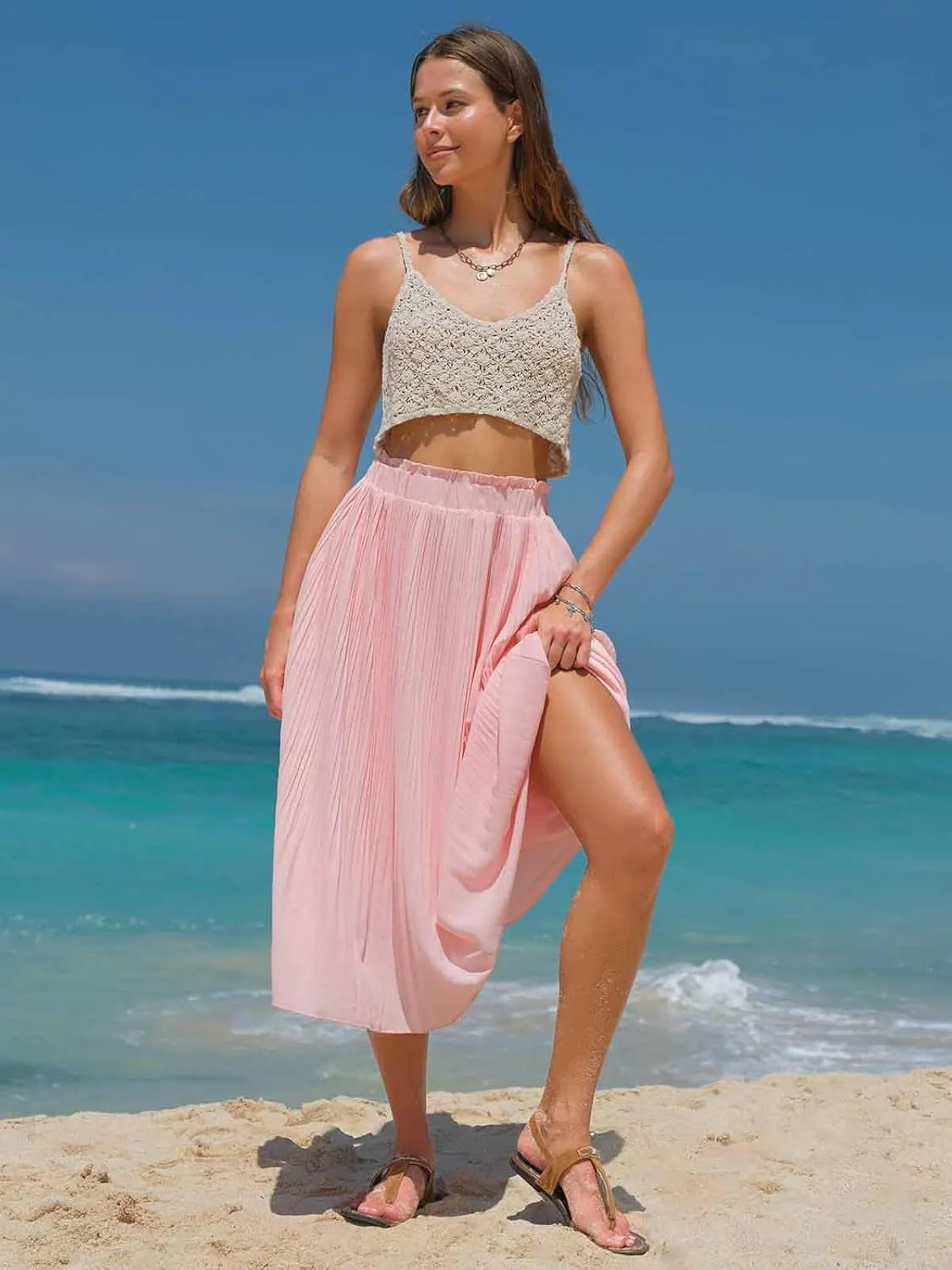 EXLURA Womens High Waist Polka Dot Pleated Maxi Skirt Midi Swing Skirt Beach Vacation Cruise Outfits with Pockets