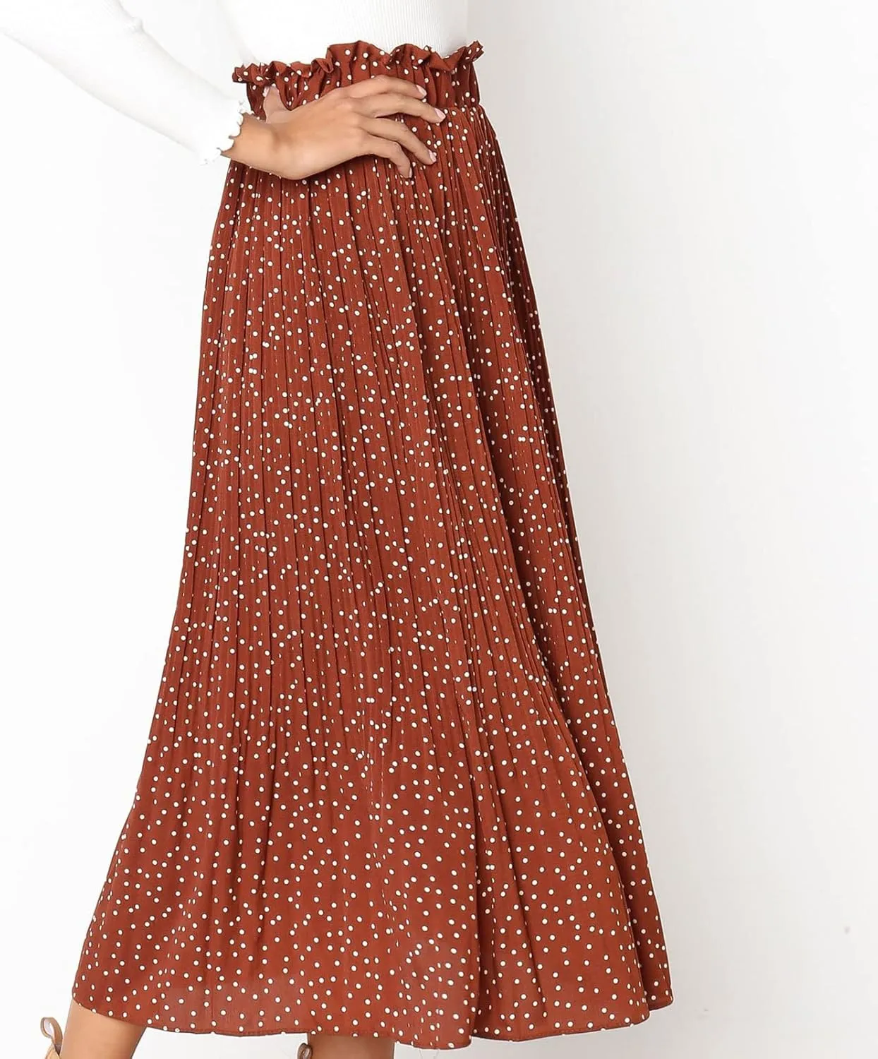 EXLURA Womens High Waist Polka Dot Pleated Maxi Skirt Midi Swing Skirt Beach Vacation Cruise Outfits with Pockets