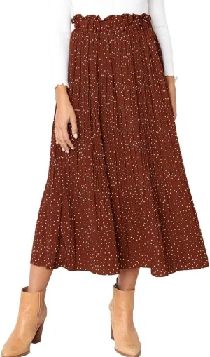 EXLURA Womens High Waist Polka Dot Pleated Maxi Skirt Midi Swing Skirt Beach Vacation Cruise Outfits with Pockets