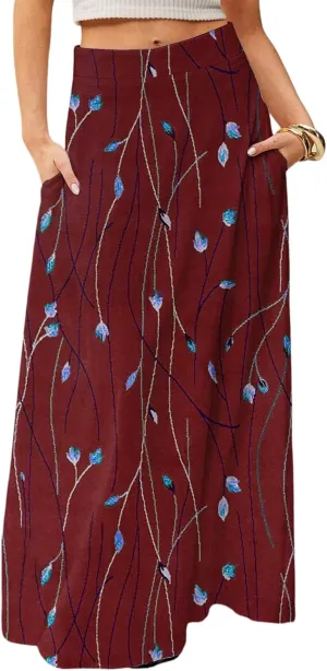 fanmpghleoo Spring Skirts for Women 2025 Boho Elastic High Waisted Maxi Skirt with Pockets Flowy Beach Vacation Long Skirt
