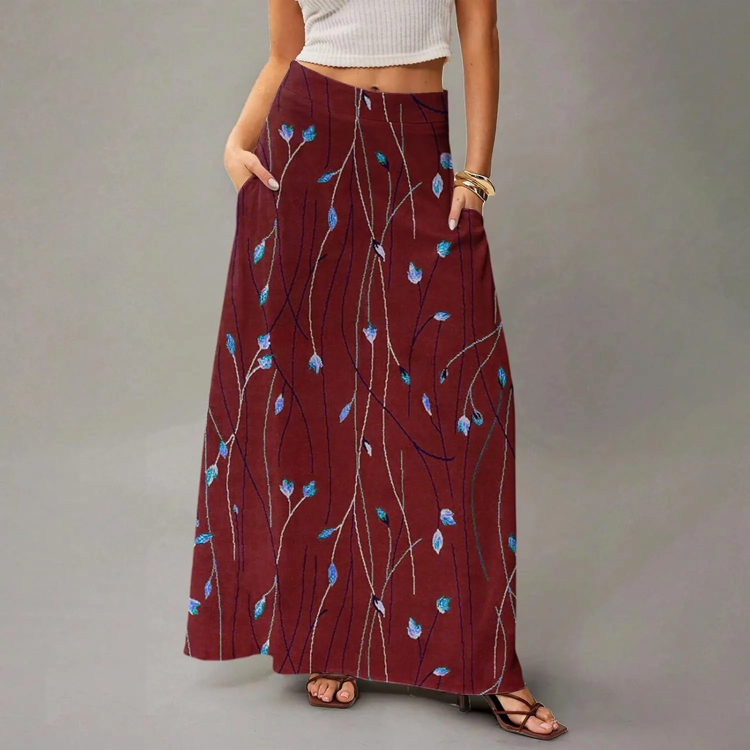 fanmpghleoo Spring Skirts for Women 2025 Boho Elastic High Waisted Maxi Skirt with Pockets Flowy Beach Vacation Long Skirt