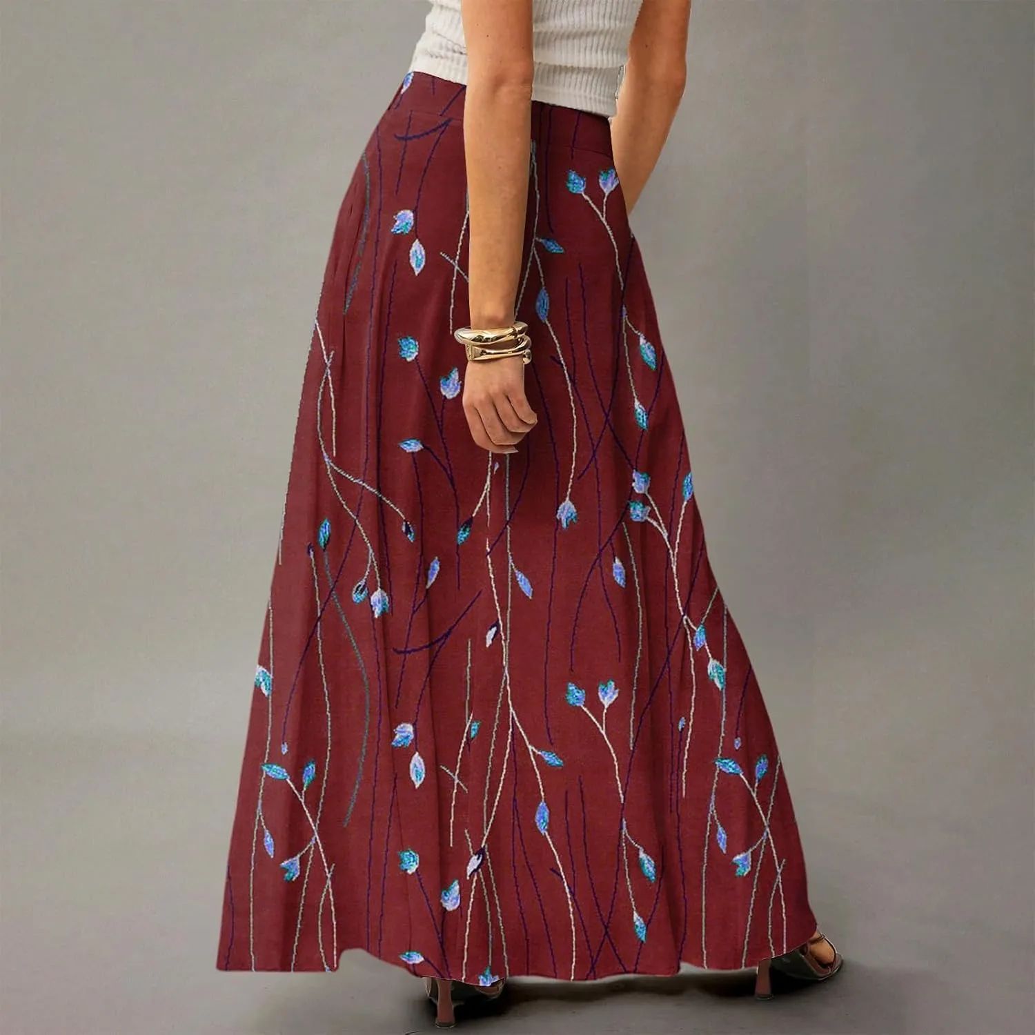 fanmpghleoo Spring Skirts for Women 2025 Boho Elastic High Waisted Maxi Skirt with Pockets Flowy Beach Vacation Long Skirt
