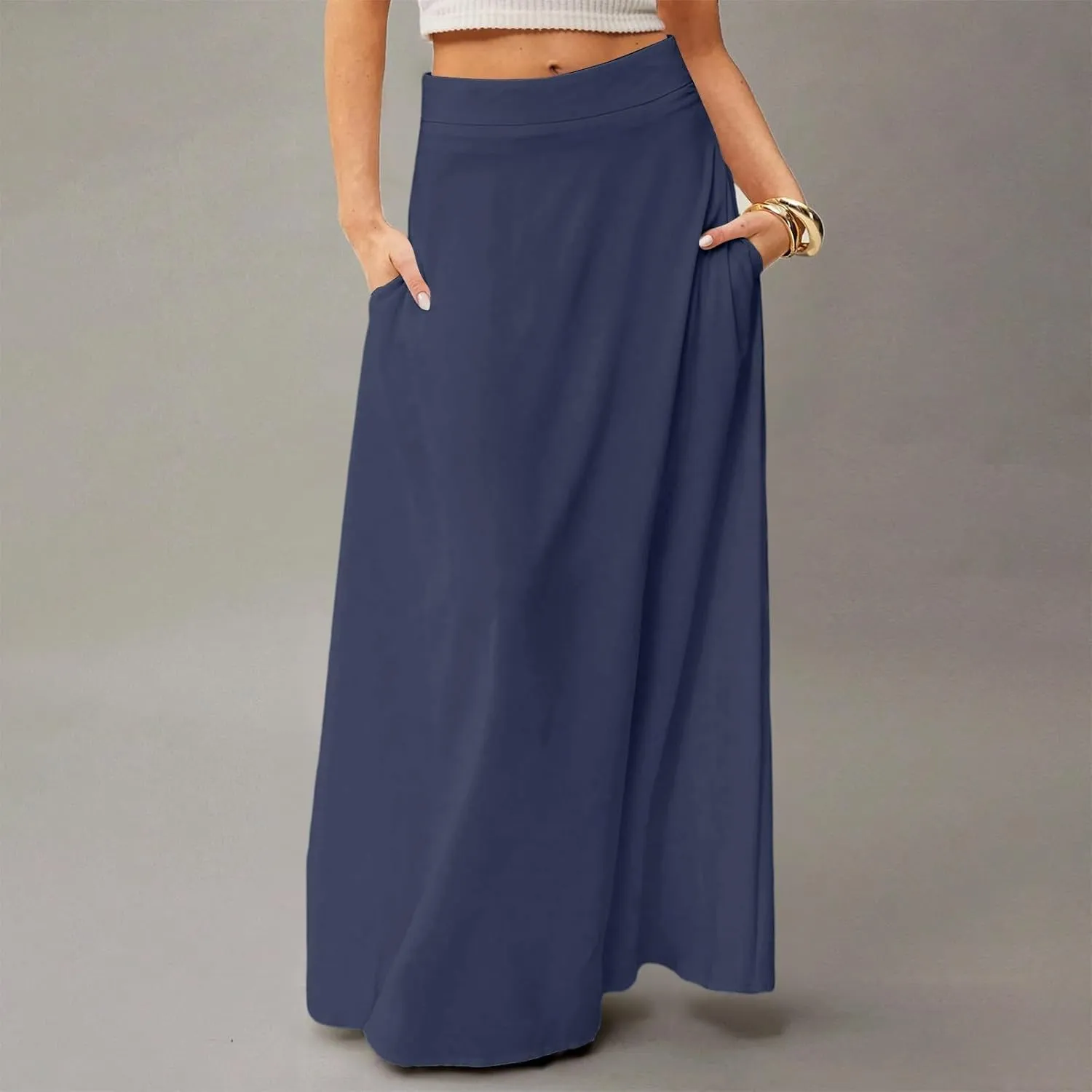 fanmpghleoo Summer Skirts for Women 2025 Boho Elastic High Waisted Maxi Skirt Flowy Vacation Beach Long Skirt with Pockets