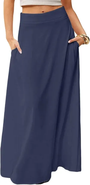 fanmpghleoo Summer Skirts for Women 2025 Boho Elastic High Waisted Maxi Skirt Flowy Vacation Beach Long Skirt with Pockets