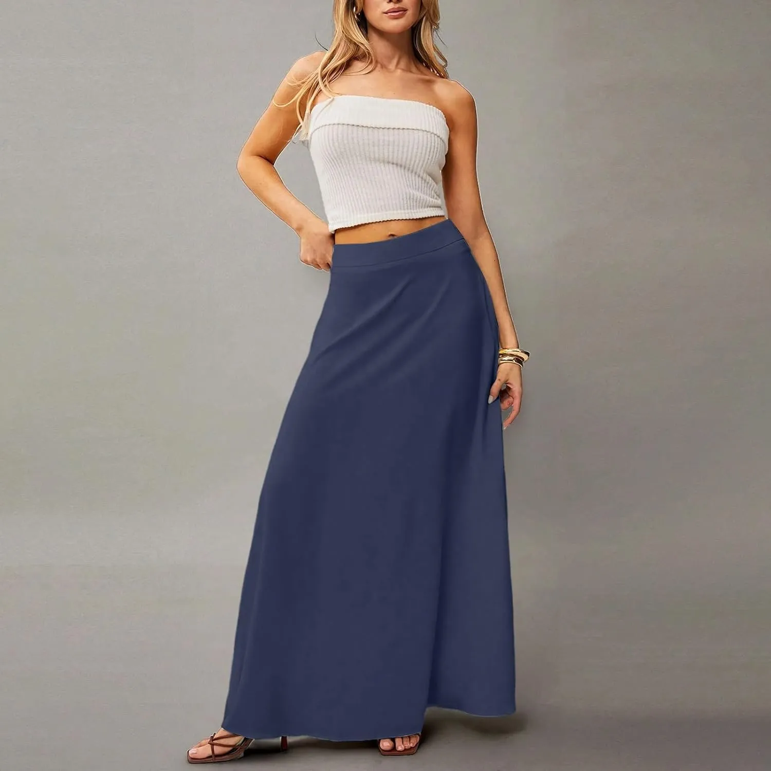 fanmpghleoo Summer Skirts for Women 2025 Boho Elastic High Waisted Maxi Skirt Flowy Vacation Beach Long Skirt with Pockets