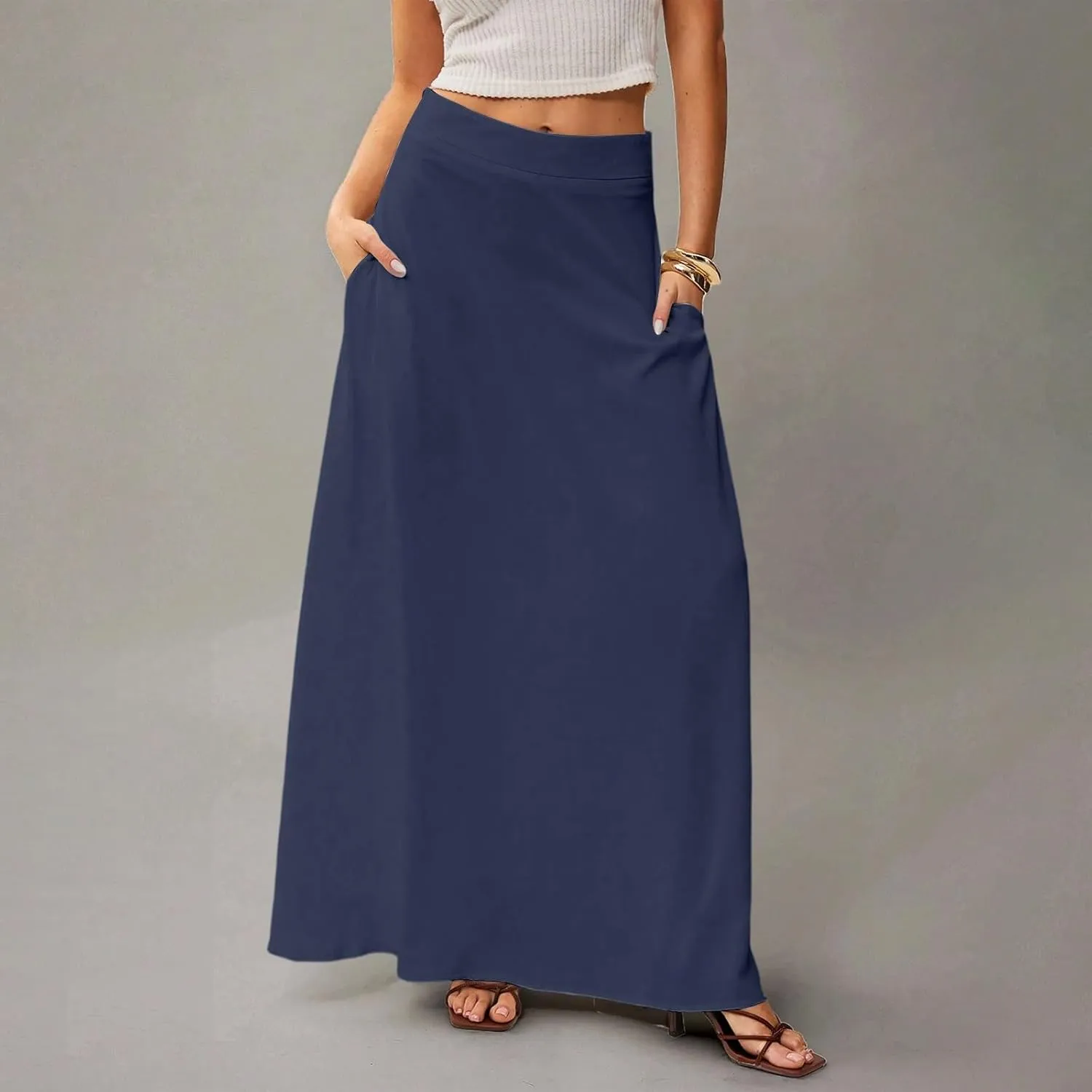 fanmpghleoo Summer Skirts for Women 2025 Boho Elastic High Waisted Maxi Skirt Flowy Vacation Beach Long Skirt with Pockets