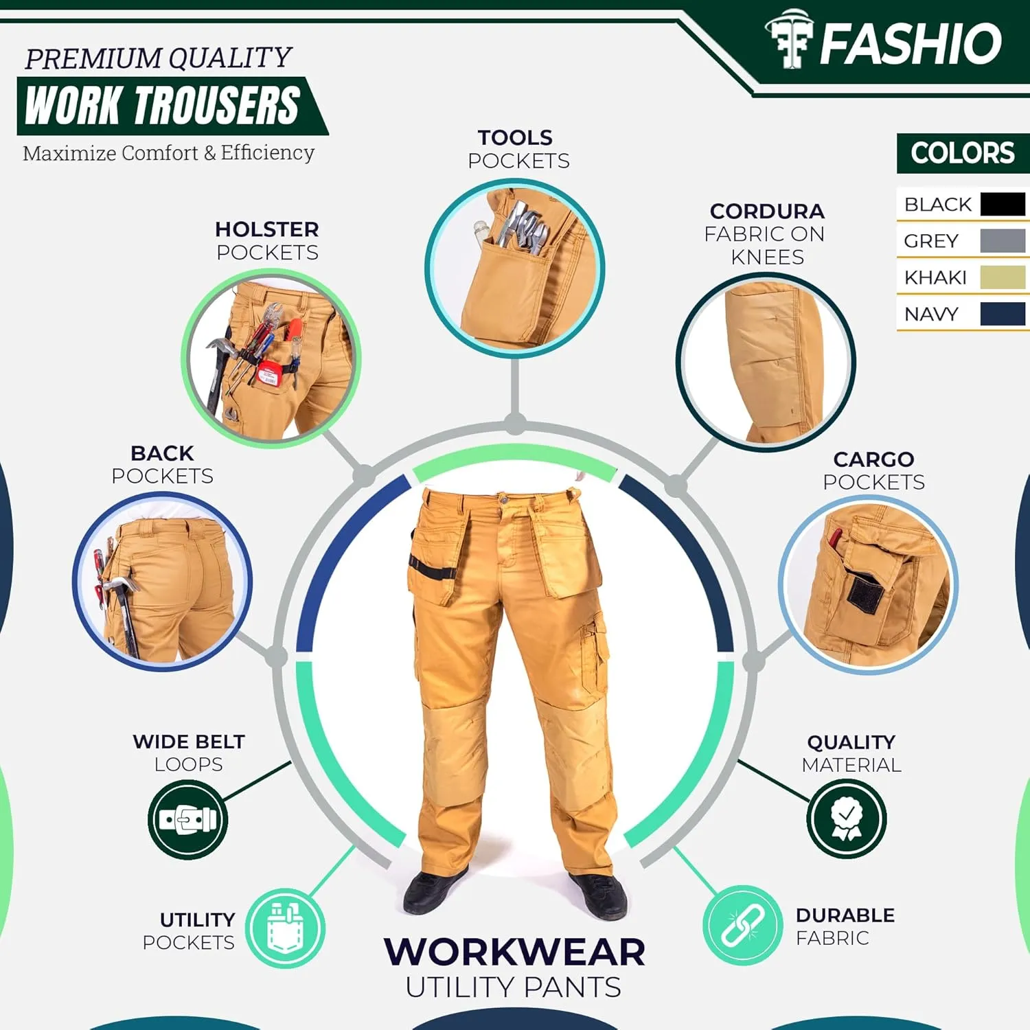 FASHIO FF Men's Work Casual Tactical Trouser with Holster Pockets Cordura Reinforced Pockets Heavy Duty Workwear Pants