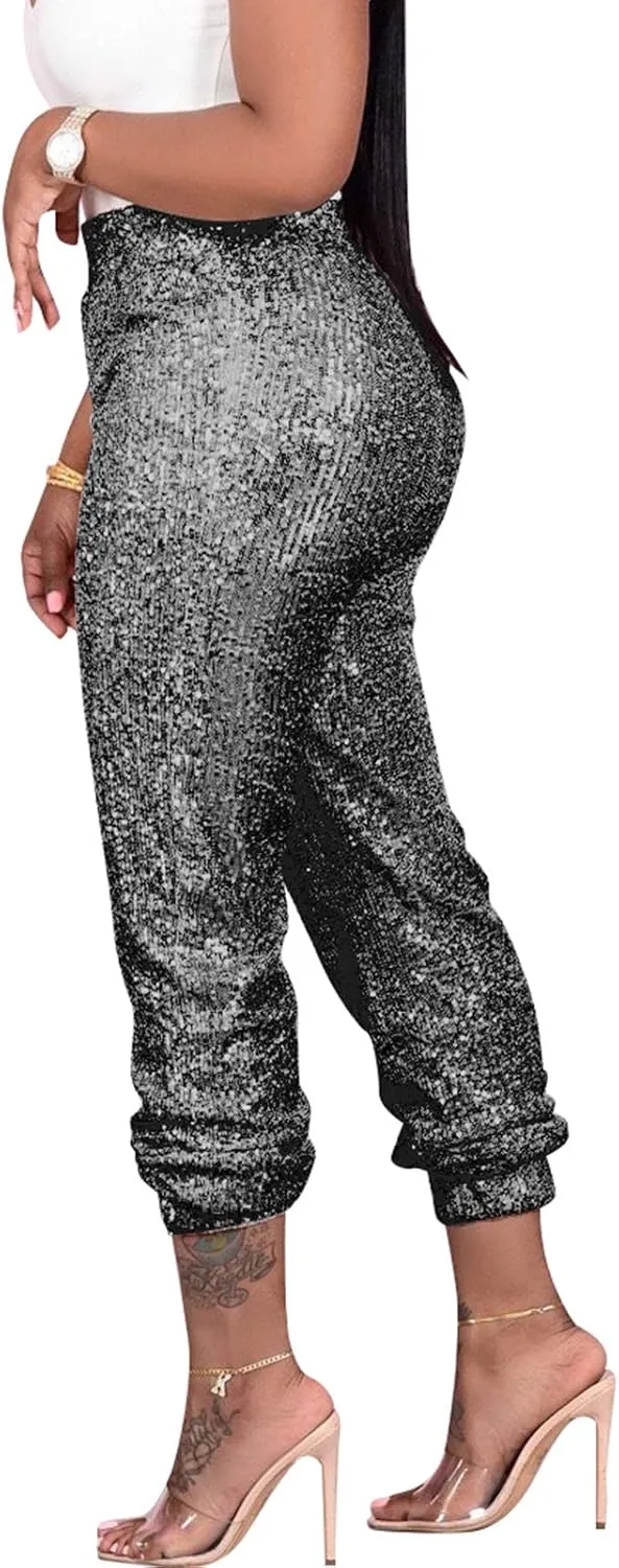 Fawjsais Women Sexy Glitter Sequin Pants High Waist Leggings Evening Party Clubwear