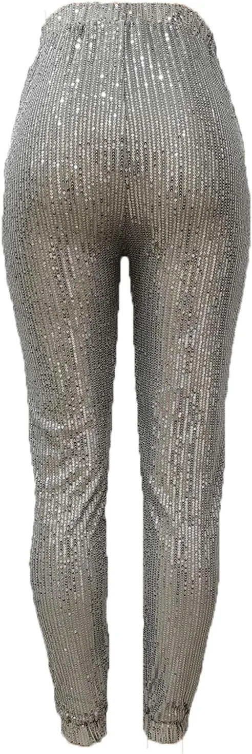 Fawjsais Women Sexy Glitter Sequin Pants High Waist Leggings Evening Party Clubwear