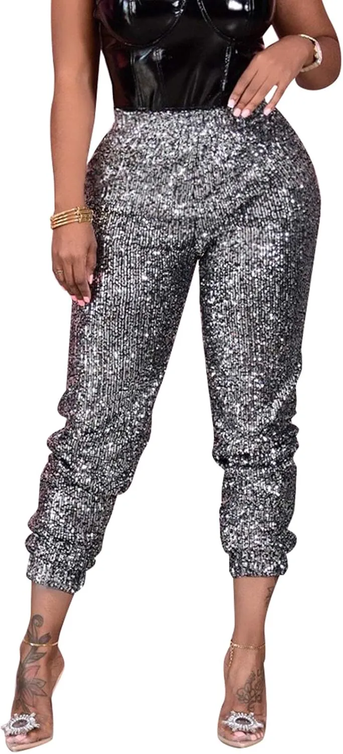Fawjsais Women Sexy Glitter Sequin Pants High Waist Leggings Evening Party Clubwear