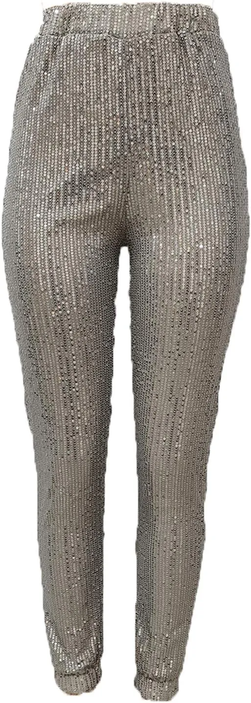 Fawjsais Women Sexy Glitter Sequin Pants High Waist Leggings Evening Party Clubwear