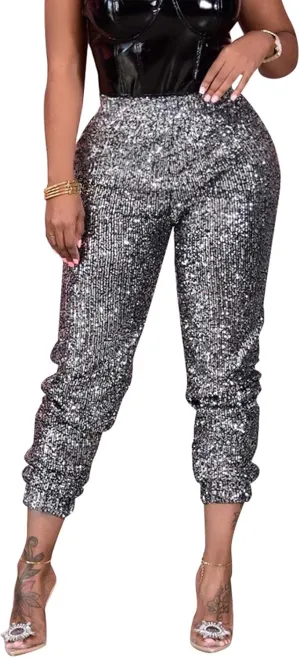 Fawjsais Women Sexy Glitter Sequin Pants High Waist Leggings Evening Party Clubwear