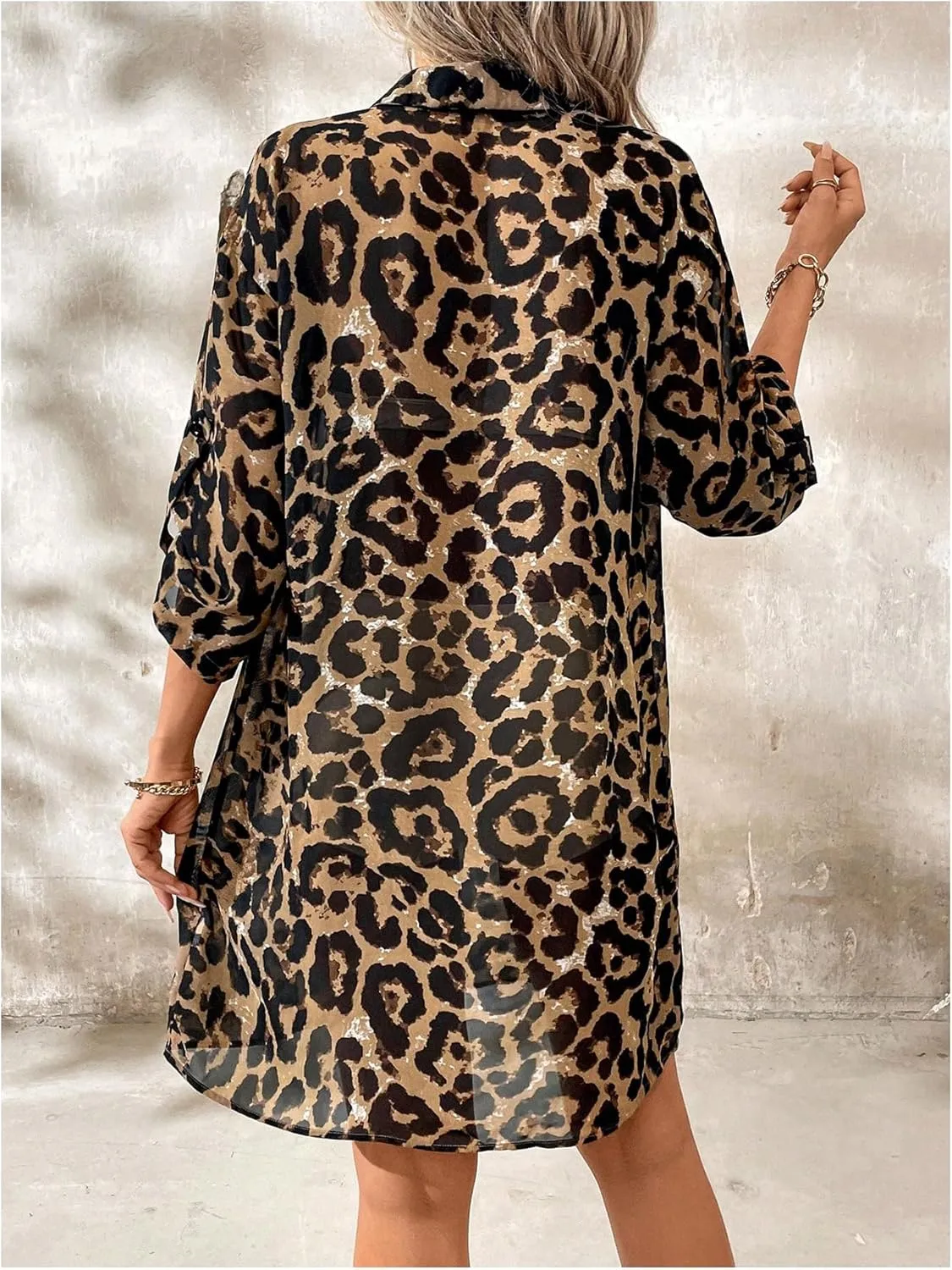 Floerns Women's Cheetah Print Button Front Cardigan Kimono Roll Up Long Sleeve Blouse Top