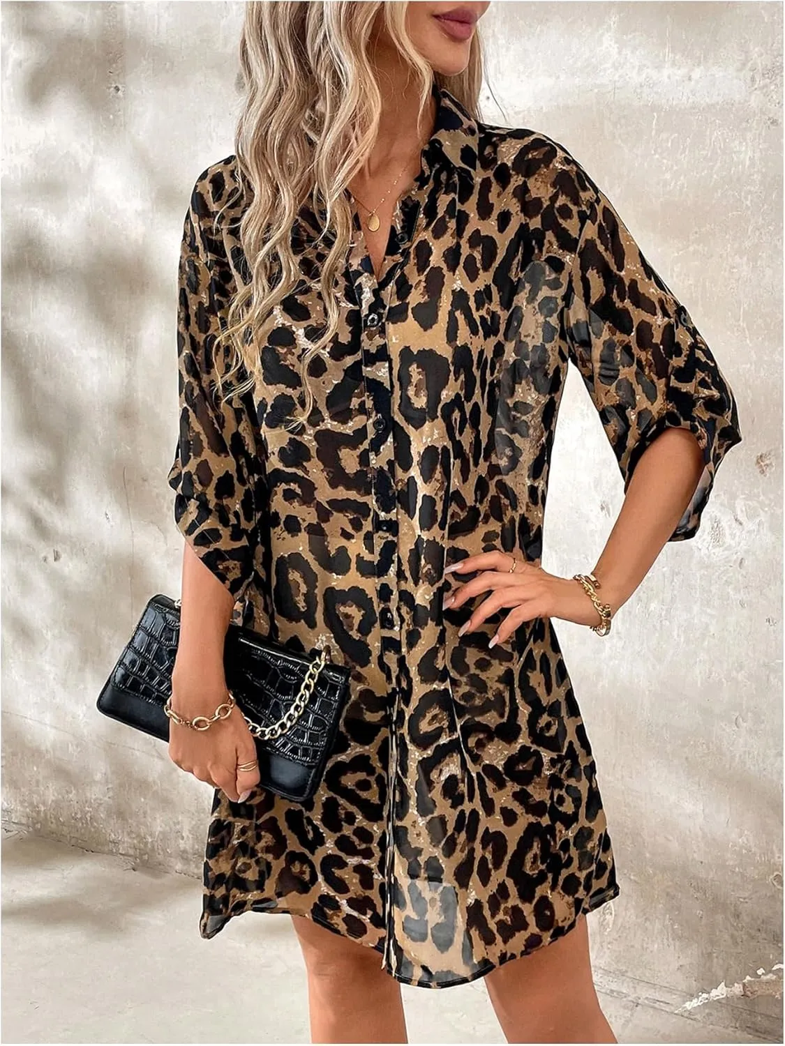 Floerns Women's Cheetah Print Button Front Cardigan Kimono Roll Up Long Sleeve Blouse Top