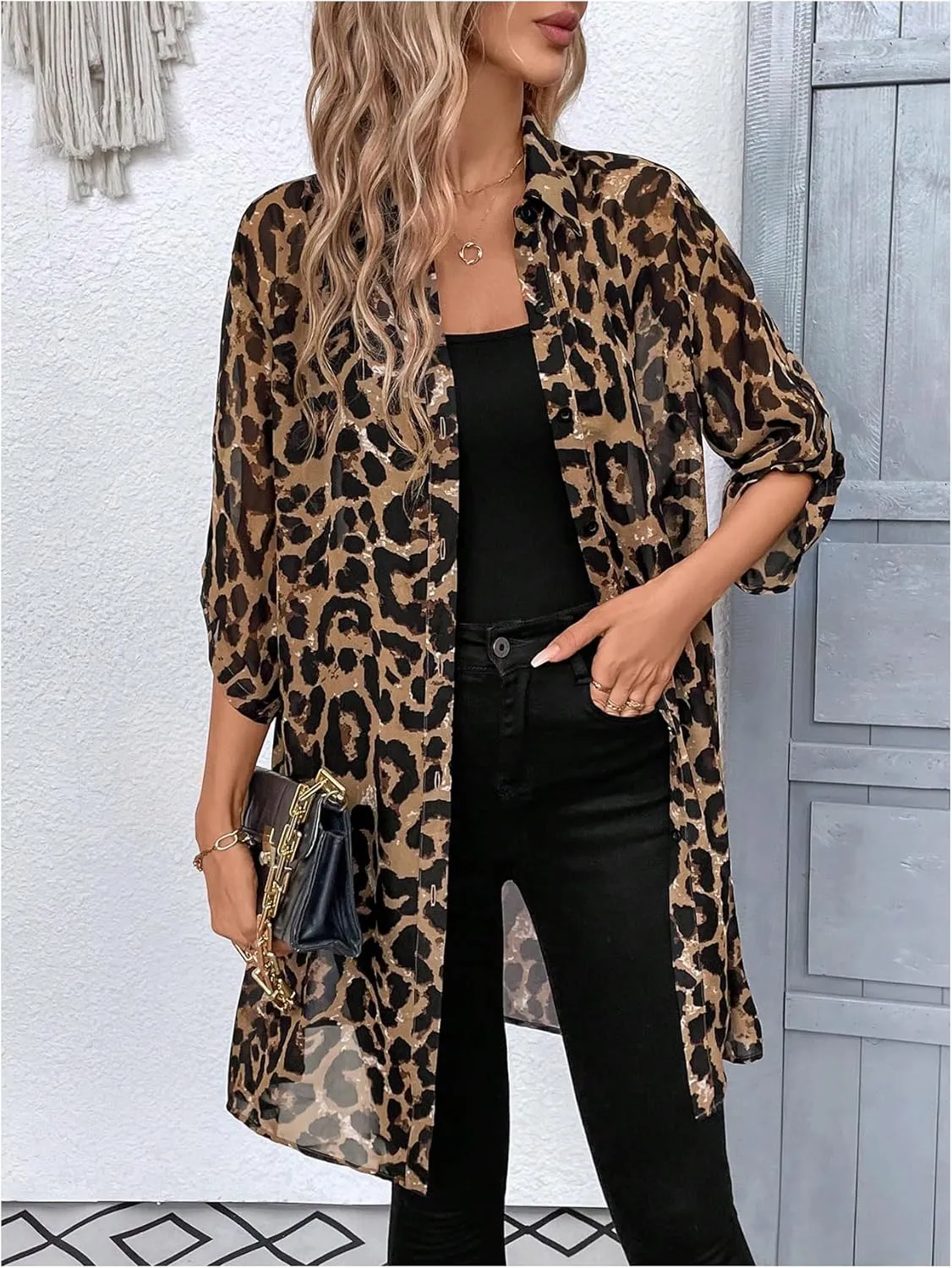 Floerns Women's Cheetah Print Button Front Cardigan Kimono Roll Up Long Sleeve Blouse Top