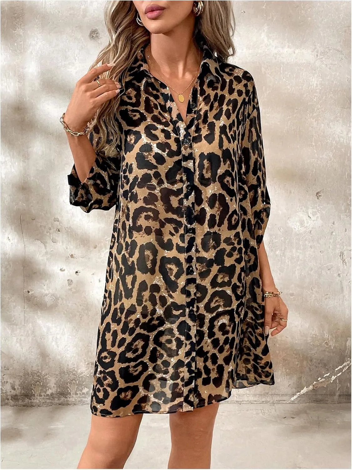 Floerns Women's Cheetah Print Button Front Cardigan Kimono Roll Up Long Sleeve Blouse Top