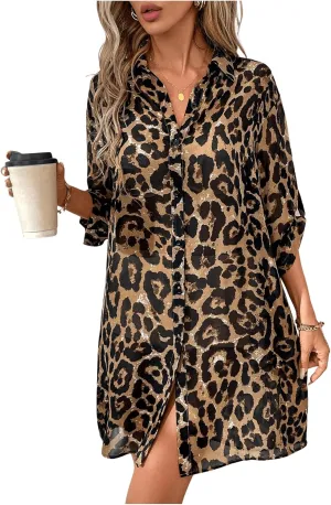 Floerns Women's Cheetah Print Button Front Cardigan Kimono Roll Up Long Sleeve Blouse Top