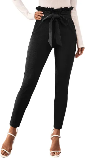 Floerns Women's High Waist Paper Bag Work Pants Stretchy Trouser with Belt