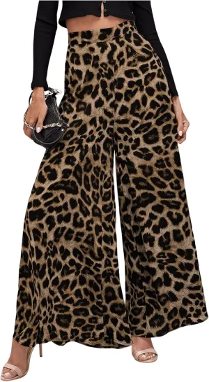 Floerns Women's Leopard Print High Waist Palazzo Pants Wide Leg Baggy Trousers