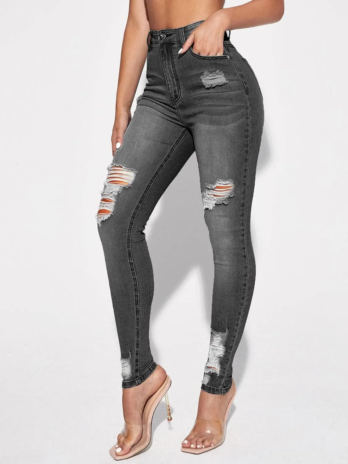 Floerns Women's Ripped High Waist Skinny Jeans Distressed Stretchy Curvy Denim Pants