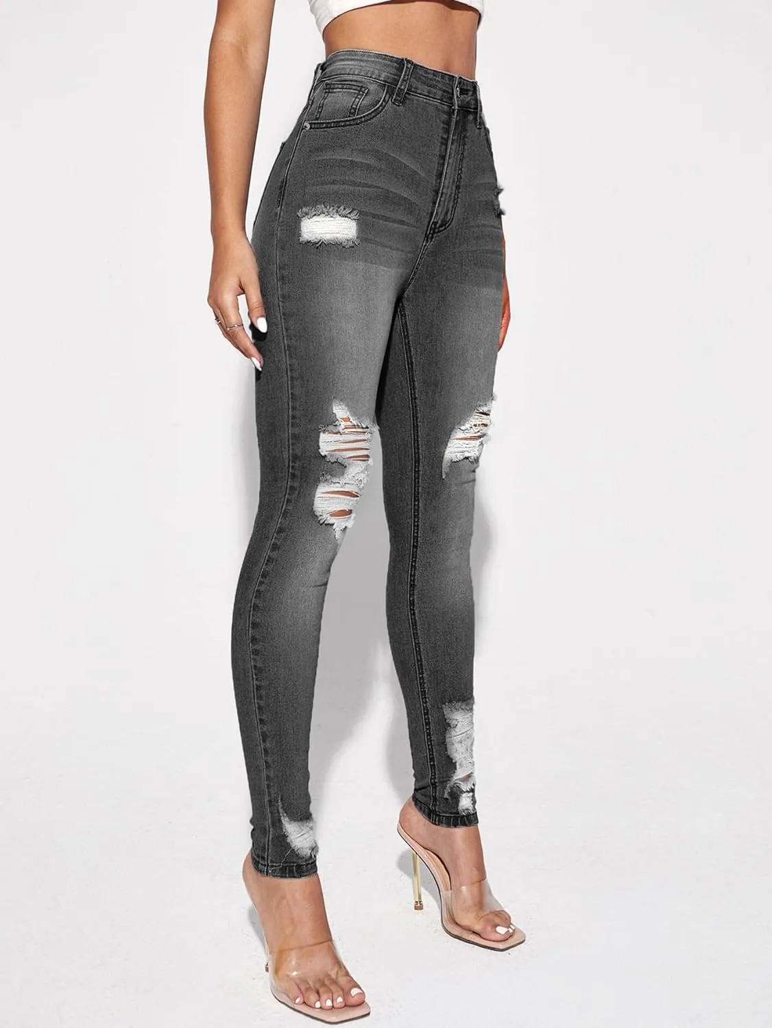 Floerns Women's Ripped High Waist Skinny Jeans Distressed Stretchy Curvy Denim Pants