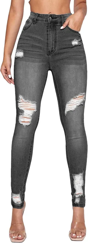 Floerns Women's Ripped High Waist Skinny Jeans Distressed Stretchy Curvy Denim Pants