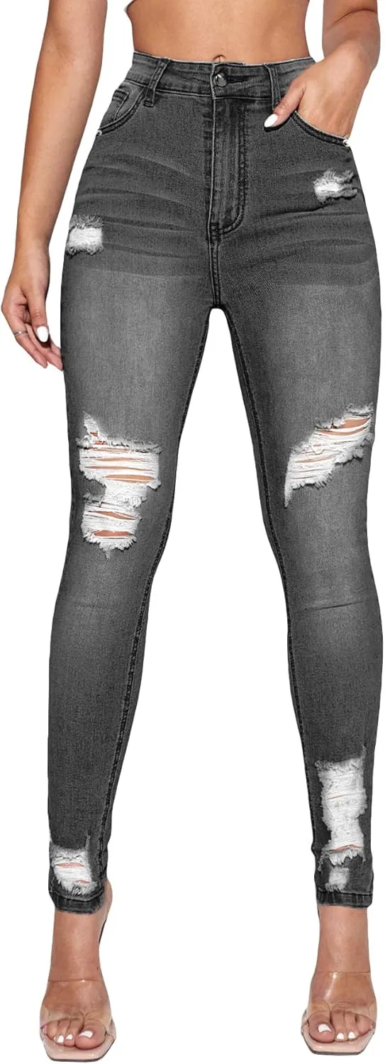 Floerns Women's Ripped High Waist Skinny Jeans Distressed Stretchy Curvy Denim Pants