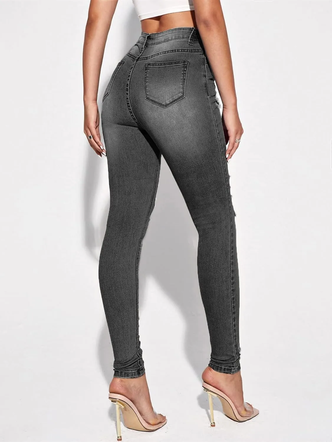Floerns Women's Ripped High Waist Skinny Jeans Distressed Stretchy Curvy Denim Pants
