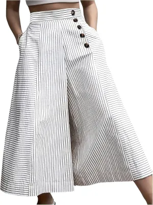 Floerns Women's Striped Baggy Wide Leg Pants Button High Waisted Palazzo Trousers