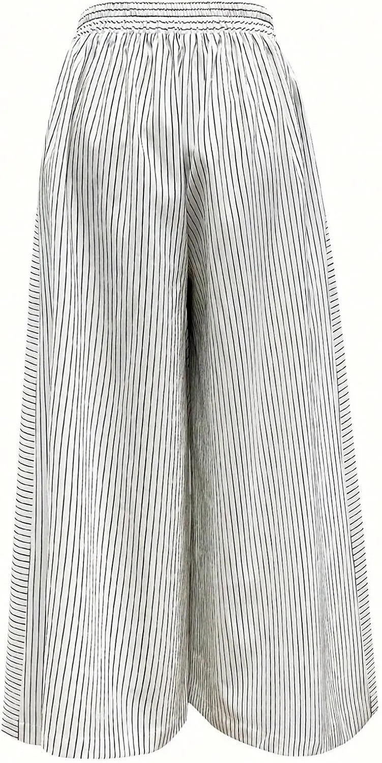Floerns Women's Striped Baggy Wide Leg Pants Button High Waisted Palazzo Trousers