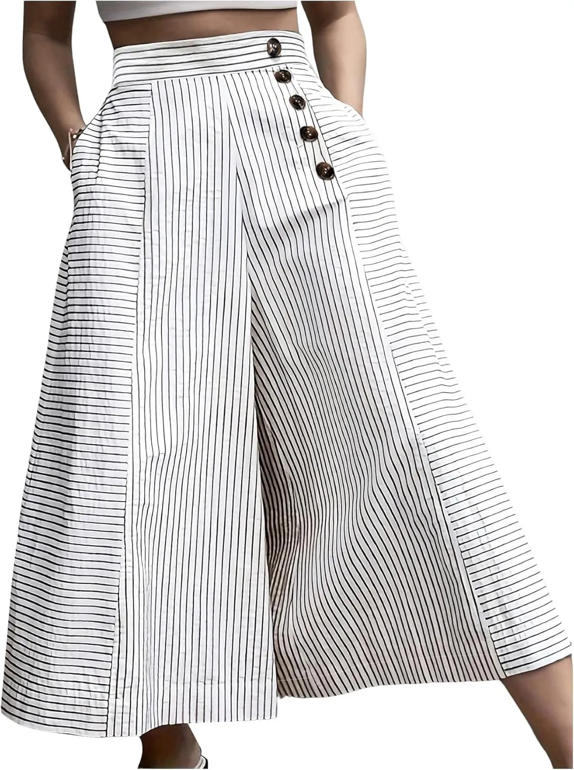 Floerns Women's Striped Baggy Wide Leg Pants Button High Waisted Palazzo Trousers