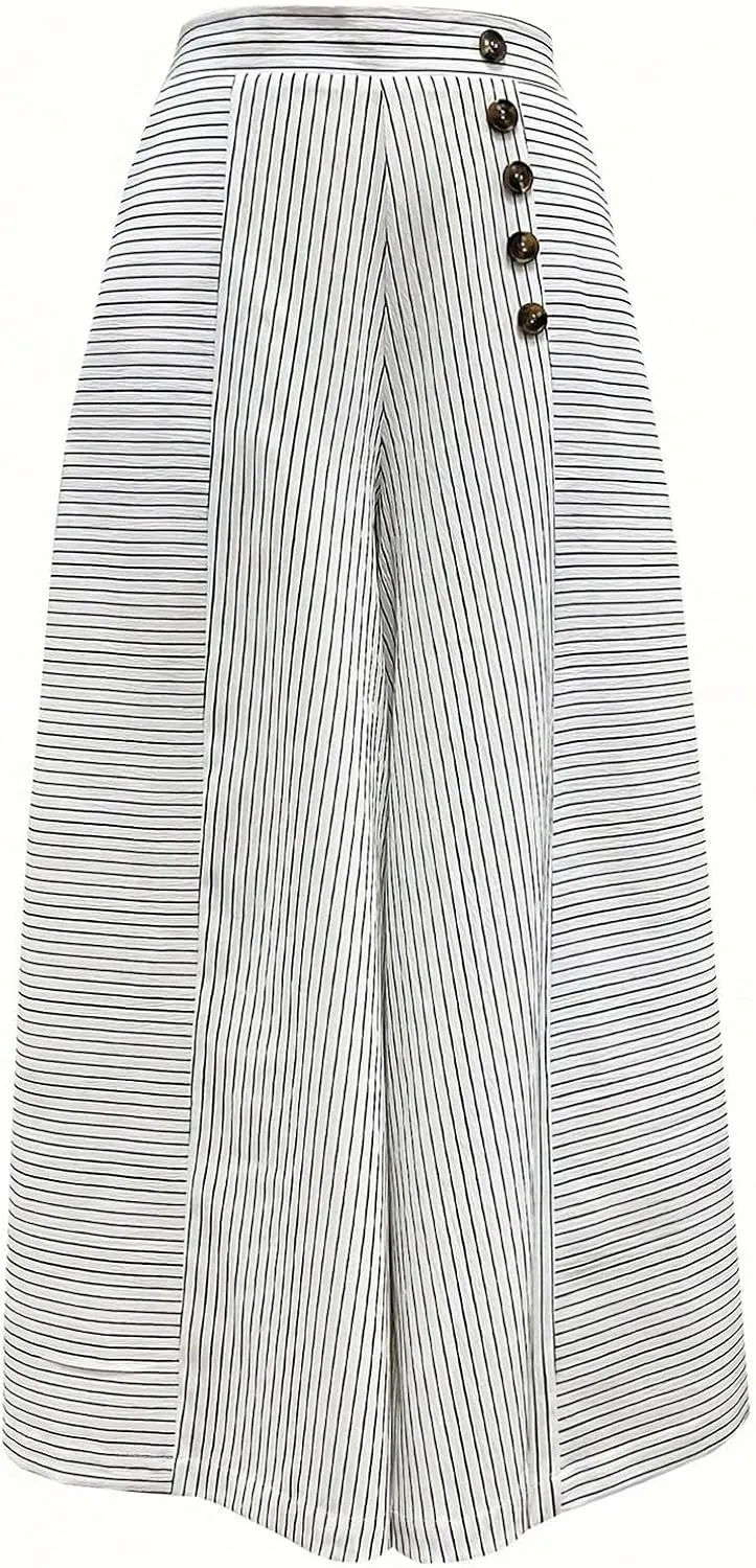 Floerns Women's Striped Baggy Wide Leg Pants Button High Waisted Palazzo Trousers
