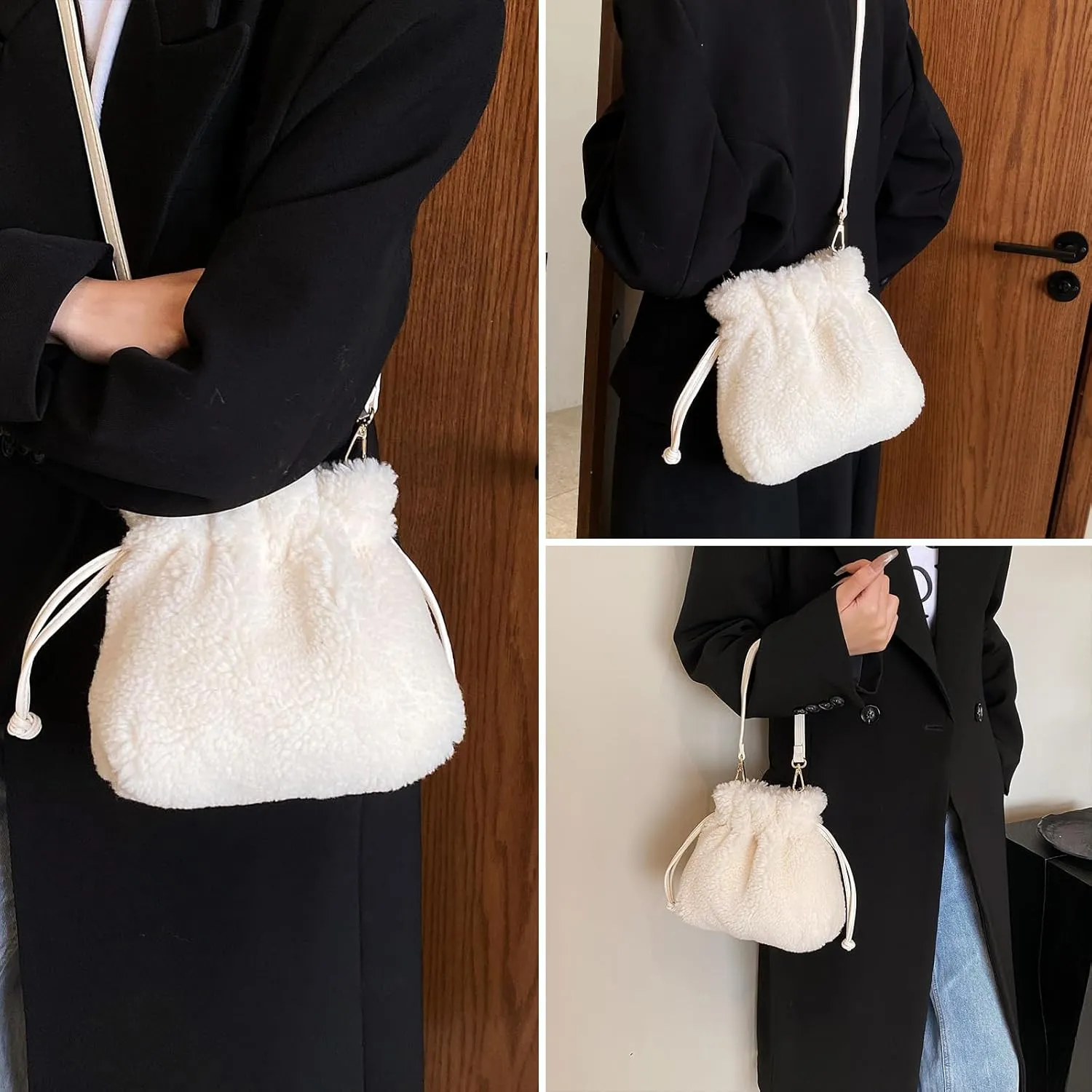 Fluffy Purse, Faux Fur Purses for Women Furry Crossbody Bucket Bags Fuzzy Shoulder Tote Bag